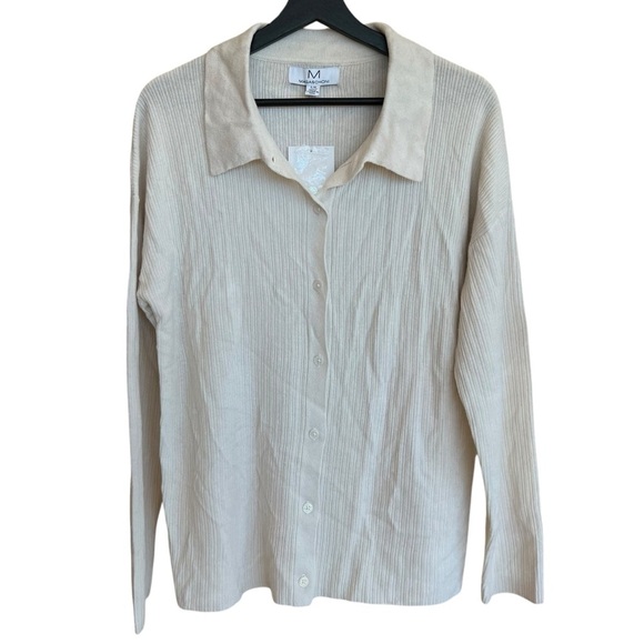 Magaschoni Cashmere Rib Knit Button Front Cardigan Sweater Top Ivory Large NWT - Picture 1 of 5